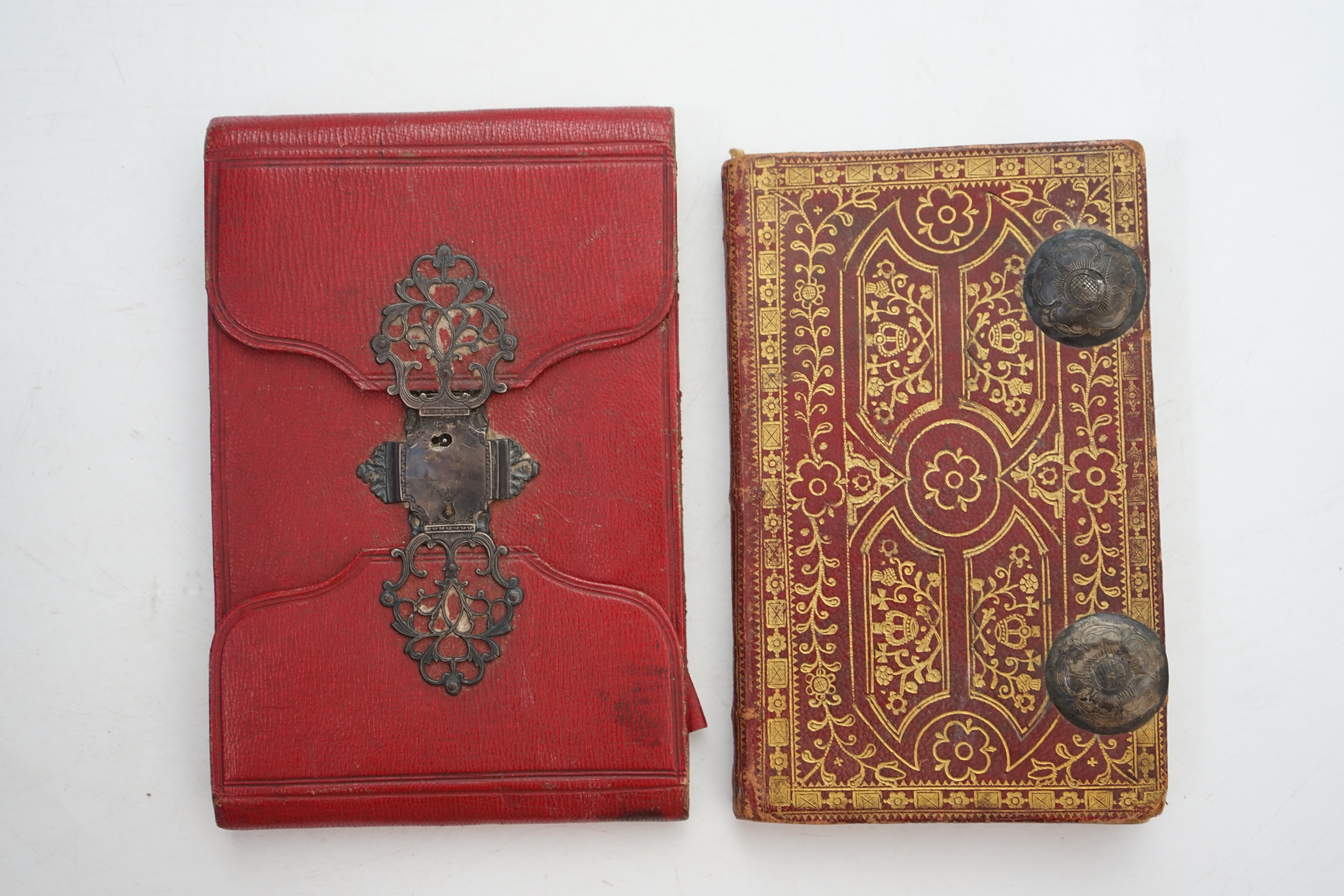 Rider, Cardanus [Richard Saunders] - Rider’s British Merlin: For the Year of our Lord God 1755, 72 unpaginated pages, 12mo, gilt tooled red morocco with floral engraved silver bosses, two each cover, together with a mid